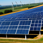 A breathtaking panoramic view of a sprawling clean energy landscape. Rows of advanced, dark blue solar panels glisten under a brilliant, clear sky, forming geometric patterns on the sun-drenched earth. Interspersed among them, several towering, elegant white wind turbines gracefully turn their large blades against a gentle breeze. The scene depicts a harmonious integration of solar and wind power, symbolizing a bright and sustainable future. This is a professional outdoor photograph, captured with a wide-angle lens, showcasing high quality, intricate details, and a natural light atmosphere. safe for work, appropriate content, fully clothed, professional, perfect anatomy, correct proportions, natural pose.