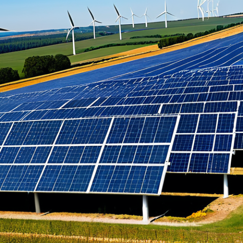 A breathtaking panoramic view of a sprawling clean energy landscape. Rows of advanced, dark blue solar panels glisten under a brilliant, clear sky, forming geometric patterns on the sun-drenched earth. Interspersed among them, several towering, elegant white wind turbines gracefully turn their large blades against a gentle breeze. The scene depicts a harmonious integration of solar and wind power, symbolizing a bright and sustainable future. This is a professional outdoor photograph, captured with a wide-angle lens, showcasing high quality, intricate details, and a natural light atmosphere. safe for work, appropriate content, fully clothed, professional, perfect anatomy, correct proportions, natural pose.